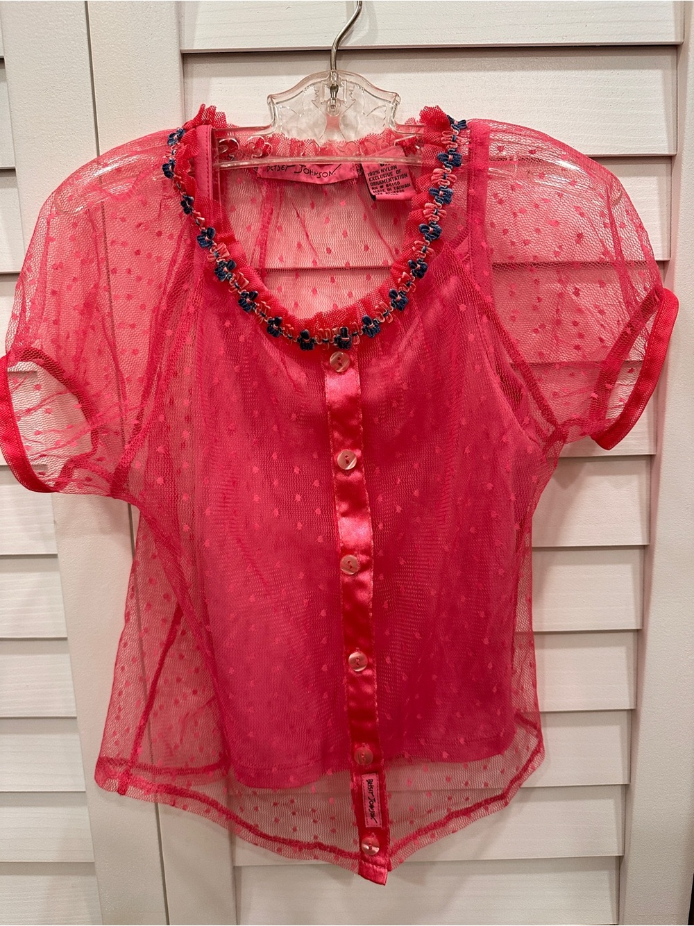 Kids vintage Betsey Johnson Sheer with tank Hot Pink Dot Mesh Blouse 6X girls